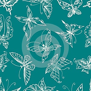 Seamless pattern of contour drawings of various decorative fantasy butterflies