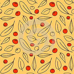 Seamless pattern contour leaves and small red berries of mountain ash isolated on orange background, color outline in doodle