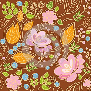 Seamless pattern, contour, pink flowers, yellow leaves, blue berries, brown background.