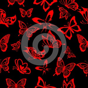 Seamless pattern, contour red butterflies on a black background, for factory