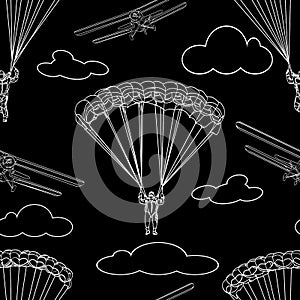 Seamless pattern of contour white skydivers figures, sports plane and clouds on black background