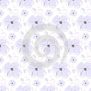Seamless pattern with contoured purple flowers. Abstract hand-drawn design. Modern art for posters, social networks, fabrics,