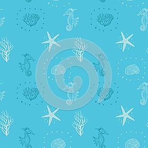 Seamless Pattern With Contours Of Seashells, Starfish And Seahorse. Seamless For Fabric Design, Gift Wrapping Paper.