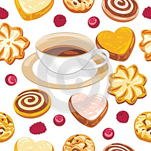 Seamless pattern with cookies, berries and coffee