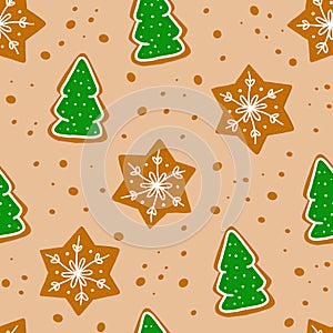 Seamless pattern cookies gingerbread in shape of star and snowflake and Christmas tree with sugar glazed in a cartoon