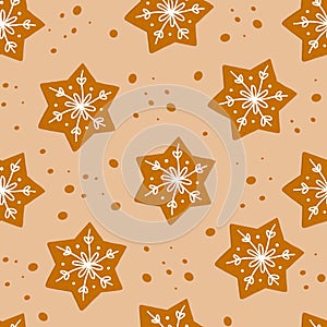 Seamless pattern cookies gingerbread in shape of star and snowflake with sugar glazed in a cartoon style. Homemade