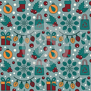 A seamless vector flat pattern featuring eco-friendly Christmas elements.