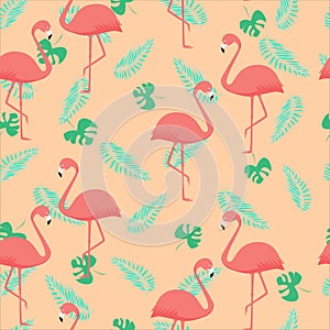 Seamless pattern of coral flamingos and palm leaves. Pastel background Wallpaper. Vector