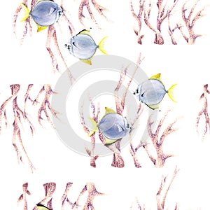 Seamless pattern with corals and exotic fishes moonyfish. Watercolor illustration for wrapping, fabric, textile