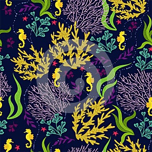 Seamless pattern with corals, seahorses and algae. Vector graphics