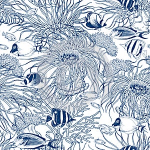 Seamless pattern with corals and tropical fish.