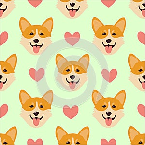 Seamless pattern with corgi. Background with a pattern of a dog's face. Vector flat illustration.