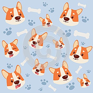 The seamless pattern of corgidog and white bone footsteps. the corgi smiling it look have happyness. the pattern backgroung of