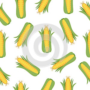 Seamless pattern with corn cobs with yellow corn grains and green leaves . Repeatable illustrations of the ripe corn on