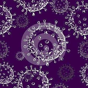 Seamless pattern. Coronavirus 2019-ncov flu infection Microscopic view of floating China pathogen respiratory influenza virus