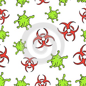 Seamless pattern of Coronavirus, red stop sign on white background. Pandemic and coronavirus outbreaks. Hand drawn