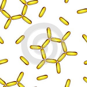 Seamless pattern of cosmetic capsule of omega 3 oil or vitamin E, A. Golden realistic gel pill vector illustration