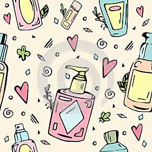 Seamless pattern with cosmetics bottles