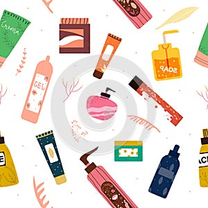 Seamless pattern with cosmetics: bottles, jars, shampoos, gels and creams for care.