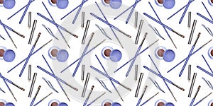 Seamless pattern of cosmetics, brushes for applying makeup. Makeup artist tools. Eyebrow shaping and tinting. Watercolor