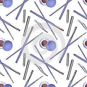 Seamless pattern of cosmetics, brushes for applying makeup. Makeup artist tools. Eyebrow shaping and tinting. Watercolor
