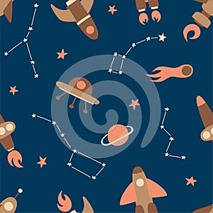 Seamless pattern of cosmic elements. Rockets, spaceships, planets, comets, zodiacs and stars on dark sky