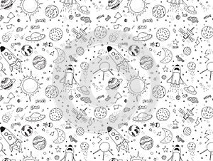 Seamless pattern. Cosmic objects set. Hand drawn vector doodles. Rockets, planets, constellations, ufo, stars, etc