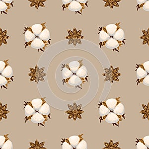 Seamless pattern with cotton bolls and star anise. Monochrome pattern in beige tones. Vector illustration.