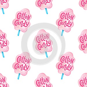Cotton candyseamless pattern. Text lettering. Hand drawn vector illustration.