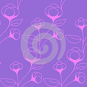 Seamless pattern with cotton flower on a twig with leaves, lilac pink color. Floral organic natural pattern