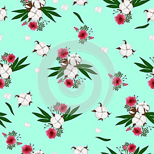 Seamless pattern with cotton plant. Vector graphics