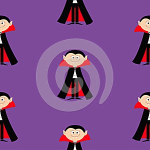 Seamless Pattern Count Dracula. Cute cartoon vampire character with fangs. Happy Halloween texture. Flat design. Violet background