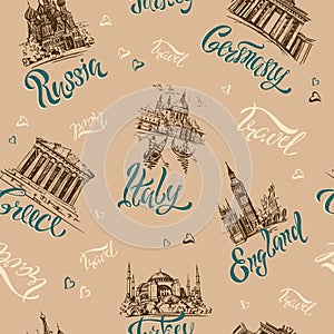 Seamless pattern. Countries and cities. Lettering. Sketches. Landmarks. Travel. Russia, Greece, Turkey, Italy, Germany. Vector.