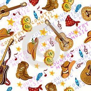 Seamless pattern country music with gutars and hats