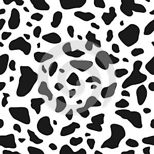 Seamless pattern. Cow or dalmatian. Spots. Black and white.  Animal print, texture. Vector background.