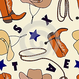 Seamless pattern of cowboy boots hat, rope lasso. Vector stock illustration eps10.