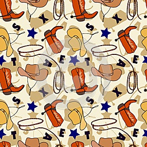 Seamless pattern of cowboy boots hat, rope lasso. Vector stock illustration eps10.