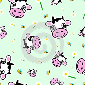 Seamless pattern, cows, bees and chamomile - Vector