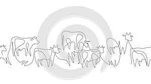 Seamless pattern. Cows drawn in one line. Farm animals.