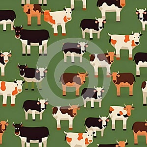 Seamless pattern with cows on green background. Vector illustration