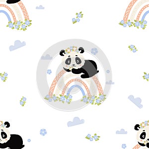 Seamless pattern with cozy cute panda in flower wreath on rainbow on white background with clouds. Vector illustration