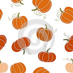 Seamless pattern with cozy orange pumpkins, green pumpkin leaves. Vector cartoon illustration, hello autumn. Thanksgiving day