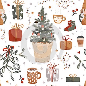 Seamless pattern. A cozy winter ornament with mistletoe, mugs, cups of tea, Christmas tree branches, snowflakes, New