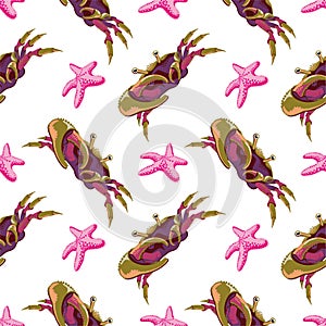 Seamless pattern with crabs and starfish