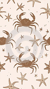 Seamless pattern with crabs and starfish on a light background