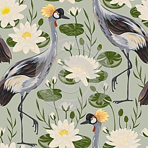 Seamless pattern with crane bird and water lily. Oriental motif.