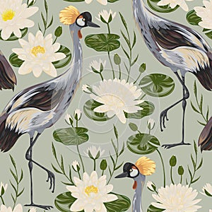Seamless pattern with crane bird and water lily. Oriental motif. photo