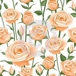 Seamless pattern of cream roses. Vector flower pattern, print, rapport for textiles, covers, paper. Beautiful rosebuds of cream