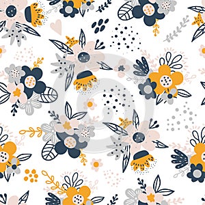 Seamless pattern with creative decorative flowers in scandinavian style. Great for fabric, textile. Vector background