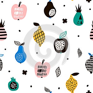 Seamless pattern with creative modern fruits. Hand drawn trendy background. Great for fabric and textile. Vector Illustration